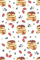 Abstract seamless pattern with pancakes and berries. Breakfast Vector illustration. Good for recipe book, banner, paper, textile