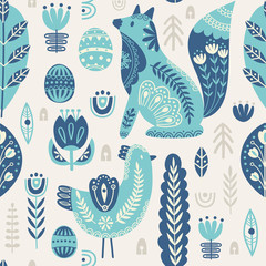 Seamless pattern in scandinavian style with bird and fox, tree, flowers, leaves, branches. Folk art. Vector nordic background with floral ornaments and animal illustrations. Home decorations. - obrazy, fototapety, plakaty