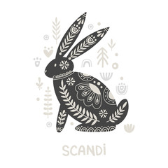 Illustration in scandinavian style with hare and floral elements: flowers, leaves, branches. Folk art. Vector nordic background with ornaments. Home decorations. Black and white. © monamonash