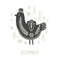 Illustration in scandinavian style with bird and floral elements: flowers, leaves, branches. Folk art. Vector nordic background with ornaments. Home decorations. Black and white.