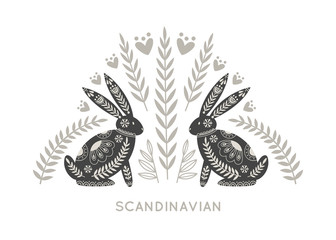 Illustration in scandinavian style with hare and floral elements: flowers, leaves, branches. Folk art. Vector nordic background with ornaments. Home decorations. Black and white. © monamonash