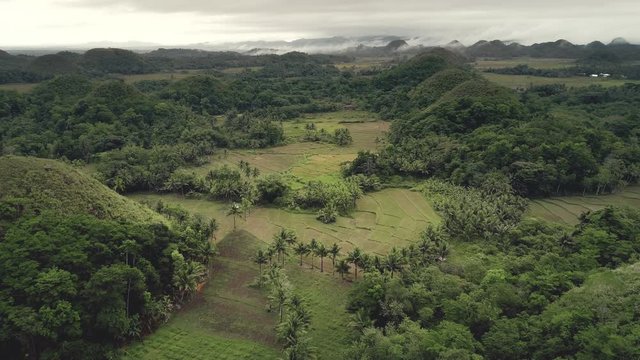 Aerial Chocolate Hills view: Philippines Archipelago, Bohol Island. Amazing landmark: unique roundy hills with misty horizon under grey sky. Mystery greenery landscape in footage shot in 4K, UHD