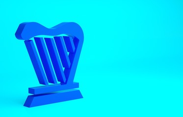 Blue Harp icon isolated on blue background. Classical music instrument, orhestra string acoustic element. Minimalism concept. 3d illustration 3D render.