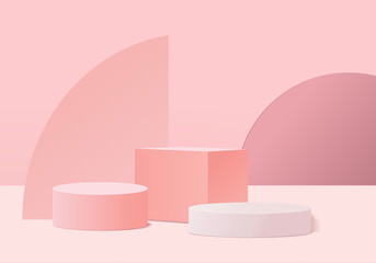 Cylinder abstract minimal scene with geometric platform. Summer background vector 3d rendering with podium. stand to show cosmetic products. Stage Showcase on pedestal modern 3d studio pink pastel