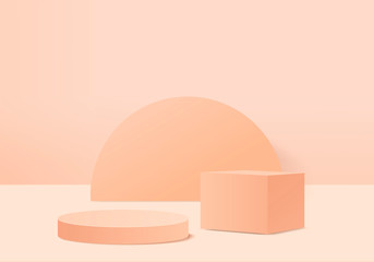 Cylinder abstract minimal scene with geometric platform. Summer background vector 3d rendering with podium. stand to show cosmetic products. Stage Showcase on pedestal modern 3d pink studio pastel