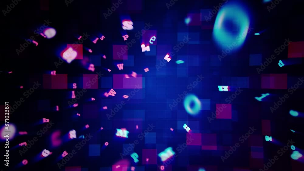 Poster english letter alphabet flying with digital futuristic grid background. abstract typographic motion 