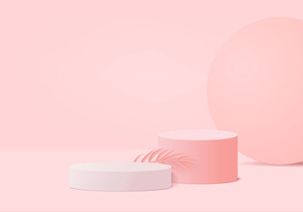 Cylinder abstract minimal scene with geometric platform. Summer background vector 3d rendering with podium. stand to show cosmetic products. Stage Showcase on pedestal modern 3d studio pink pastel