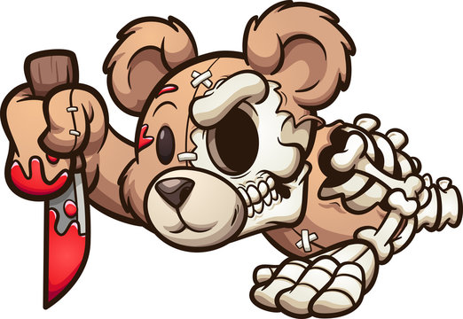 Creepy Teddy bear crawling and holding a bloody knife. Vector clip art illustration. All on a single layer. 