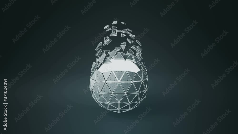 Poster icosahedron ball shape and flying polygons. abstract futuristic technology or science fiction concep