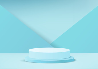 Cylinder abstract minimal scene with geometric platform. Summer background vector 3d rendering with podium. stand to show cosmetic products. Stage Showcase on pedestal modern 3d studio blue pastel