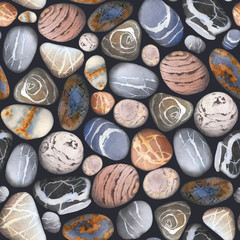 A picturesque seamless pattern of the beach pebbles hand drawn in watercolor on a dark background. Watercolor background. Watercolor seamless pattern.	