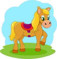 Illustration of beautiful cartoon pony golden baby horse and cartoon pony vector farm animal