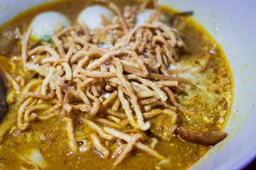 Close up of Northern style Thai food, Khao soi.