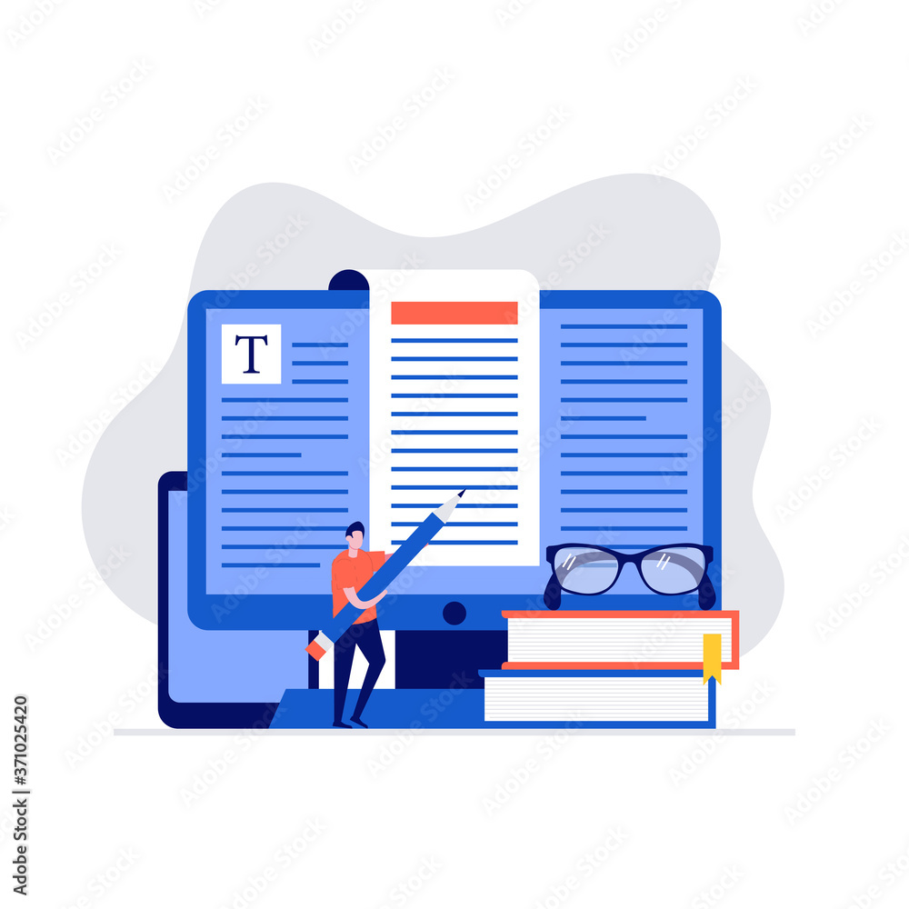 Poster copywriting concept with characters using pencil to writing text. modern vector illustration in flat
