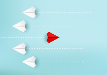 Business concept minimal as group of paper plane in one direction and with one individual pointing in different ways for creative innovative solution on 3D render vector. leadership for new ideas.