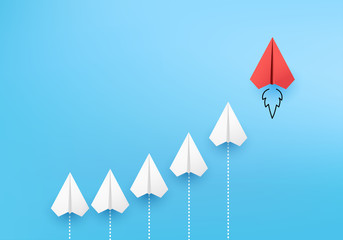 Business concept minimal as group of paper plane in one direction and with one individual pointing in different ways for creative innovative solution on 3D render vector. leadership for new ideas.