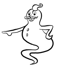 Funny cartoon genie showing something. Simple and cute vector logo or icon