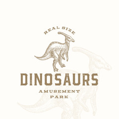 Real Size Dinosaurs Amusement Park Abstract Sign, Symbol or Logo Template. Hand Drawn Parasaurolophus Reptile with Premium Typography and Background. Stylish Vector Emblem Concept.