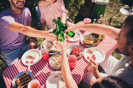 Top above high angle view photo of four people girls boys celebrate summer vacation start clink cheers toast bottle beer enjoy gathering sit table outdoors in green garden