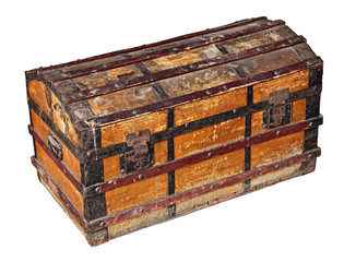 old worn trunk made by waxed canvas and wood with metal protection, isolated with clipping path