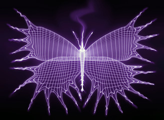 stylized unusual glowing butterfly with open wings on black background. 3d illustration