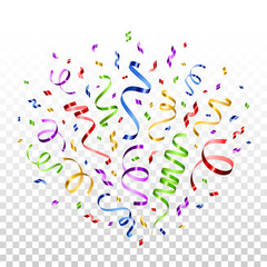 Colorful serpentine and confetti isolated on transparent background. Vector illustration. Shiny falling decorations for holiday design