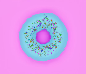 donut with blue glaze, sweet doughnut on pink background, 3d render