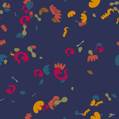 Abstract cartoon seamless pattern with different shapes. Messy background. Vector illustration. 