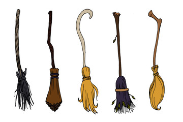 Witch brooms color set isolated on white background. Doodle style vector illustrations. Hand drawn Halloween and wizards traditional symbols.