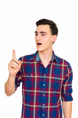 Studio shot of young handsome Caucasian man having idea isolated against white background