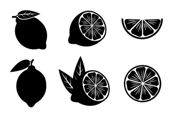 Set of lemon silhouettes. Black and white shapes isolated on white background. Stock vector illustration.