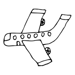 Cartoon doodle plane isolated on white background in childlike style. Vector illustration.   