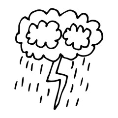 Cartoon doodle thunder cloud with rain isolated on white background. Weather icon in childlike style. Vector illustration. 