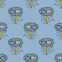 Cartoon doodle thunder cloud with rain seamless pattern. Weather icon in childlike style infinity background. Vector illustration.  