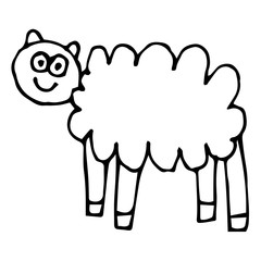 Cartoon doodle linear sheep isolated on white background. Farm animal in childlike style. Vector illustration.   