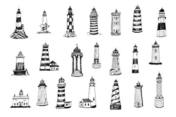 Lighthouse in the sea vector hand drawn illustrations set