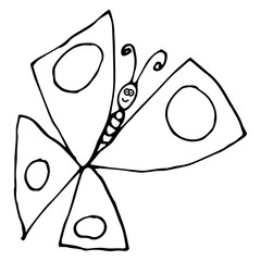 Cartoon doodle butterfly isolated on white background. Cute insect in childlike style. Vector illustration. 