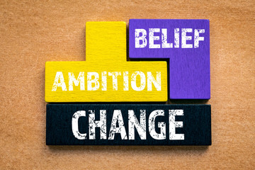 ABC. AMBITION, BELIEF and CHANGE concept. Colored wooden blocks, puzzle and mind game