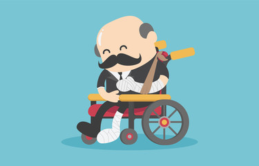 elderly businessman was sitting in a wheelchair, but he showed a happy expression because he had accident insurance.