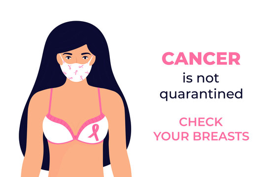 A girl in protective medical mask is wearing bra with pink ribbon. Check your breasts during coronavirus quarantine COVID-19. October Awareness Month on Women's Health