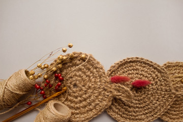 Flat lay composition with natural body jute washclothes or for dishes, and twine roll - linen or...