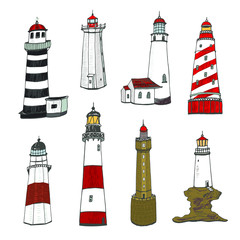 Lighthouse in the sea vector hand drawn illustrations line set