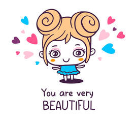 Vector illustration of little smile beautiful girl in dress with heart and text.
