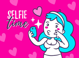 Vector color illustration of portrait of posing taking selfie girl holding smart phone on romantic pink background with heart.