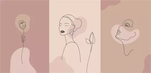 Vektorporträt im minimalistischen Stil. Linienblume, Frauenporträt. Handgezeichneter abstrakter weiblicher Druck. Verwendung für Social-Net-Storys, Beauty-Logos, Posterillustrationen, Karten, T-Shirt-Druck © marylia17