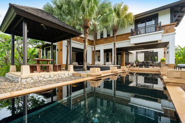 Exterior design of house, home and villa feature swimming pool, pavilion and building