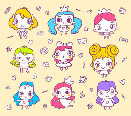 Fototapeta premium Vector color illustration of set of little happy girl in dress with icon.