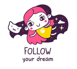 Vector illustration of little smile flying girl in dress with cat, night and text.