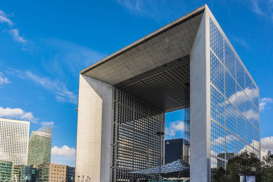Grand Arch ("Grande Arche de la Defense", 1989) - a monument in business district of Defense to west of Paris. Arch is monument to humanity and humanitarian ideals. PARIS, FRANCE. November 12, 2014.