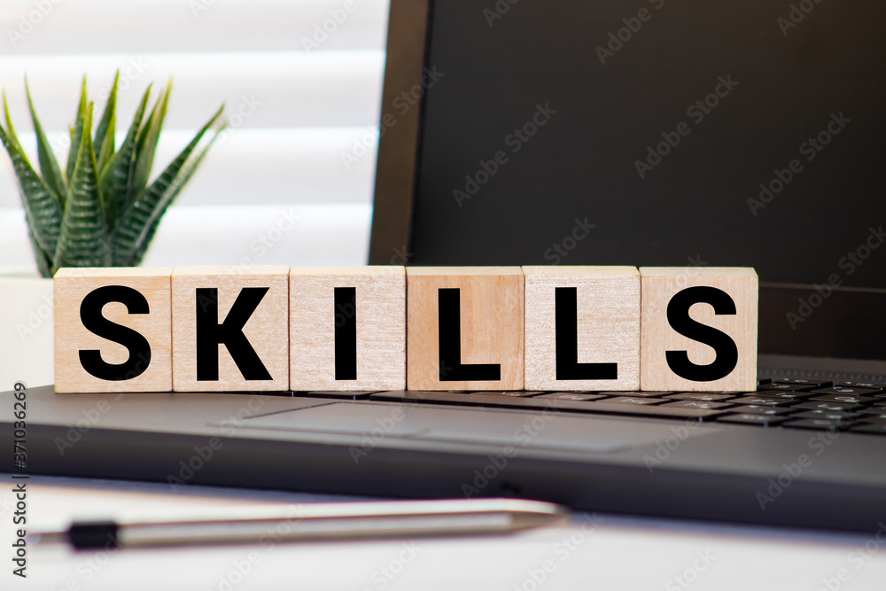 Poster skills word made with building blocks isolated on white